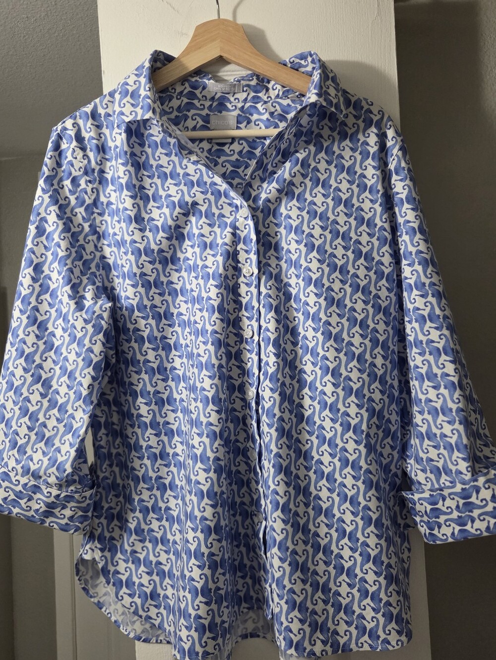 Chico's Blue Seahorse Button-Up Shirt on White